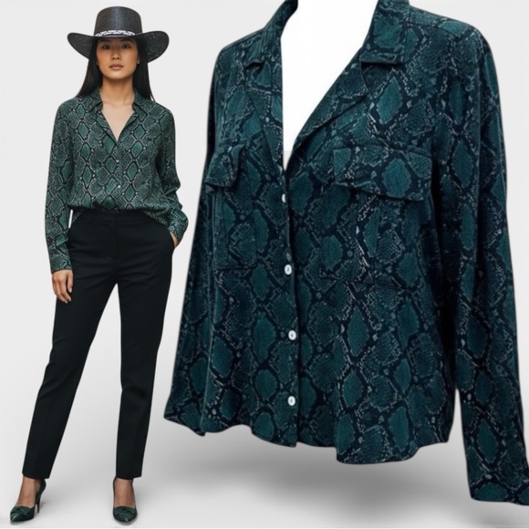 ZARA trf Tops - ZARA Green Black snakeskin patterned Button Down Shirt